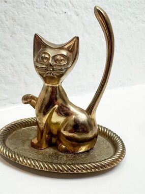 Vintage Brass Cat Ring Holder & Trinket Dish | 3.5” x 3.5”